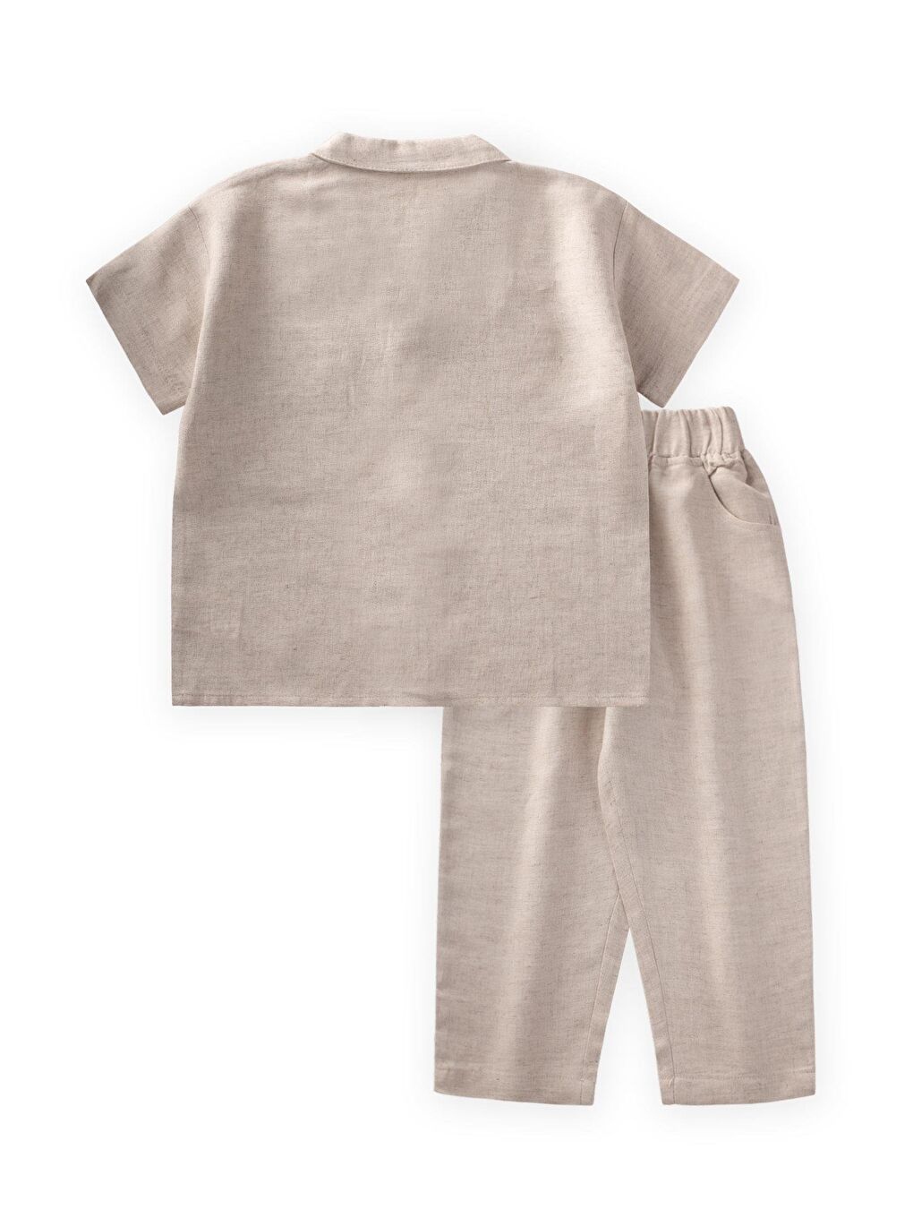 Ekru Cebi Nakışlı Gömlek Pantolon Keten Takım 2-7 Yaş Naturel-2