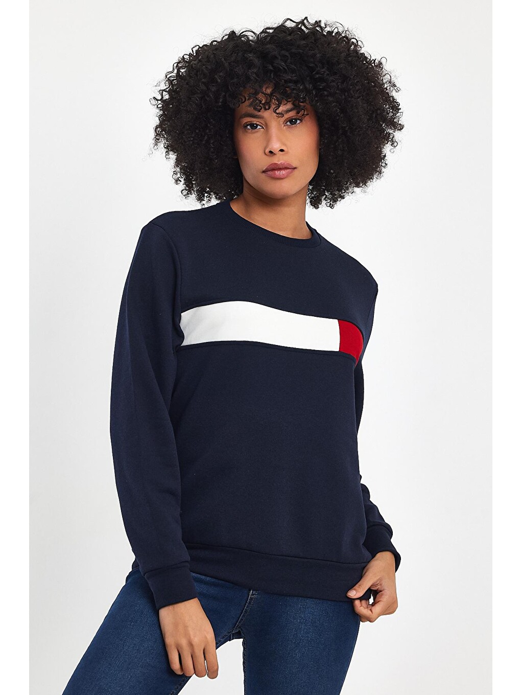 Lacivert Kadın Bisiklet Yaka Rahat Kalıp 3 İplik Kalın Garnili Sweatshirt Spr24swk35-3