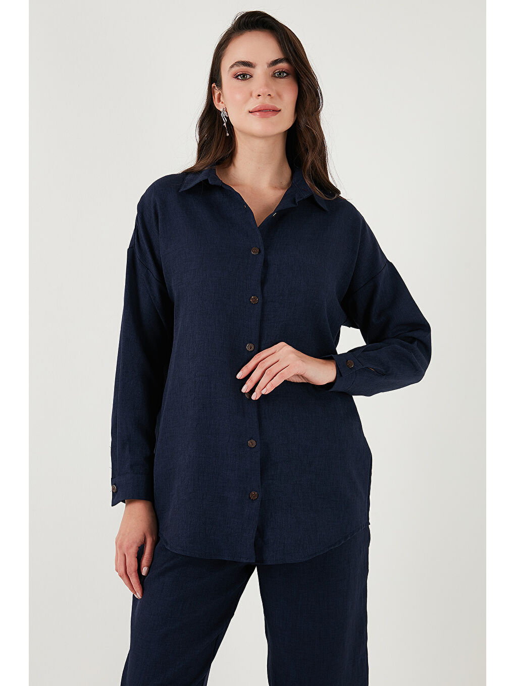 Lacivert Keten Karışımlı Regular Fit Lastikli Bel Uzun Kollu Kadın Alt Üst Takım 6696622-4