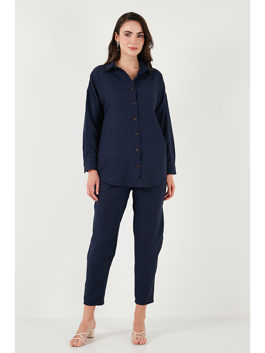 Lacivert Keten Karışımlı Regular Fit Lastikli Bel Uzun Kollu Kadın Alt Üst Takım 6696622-5