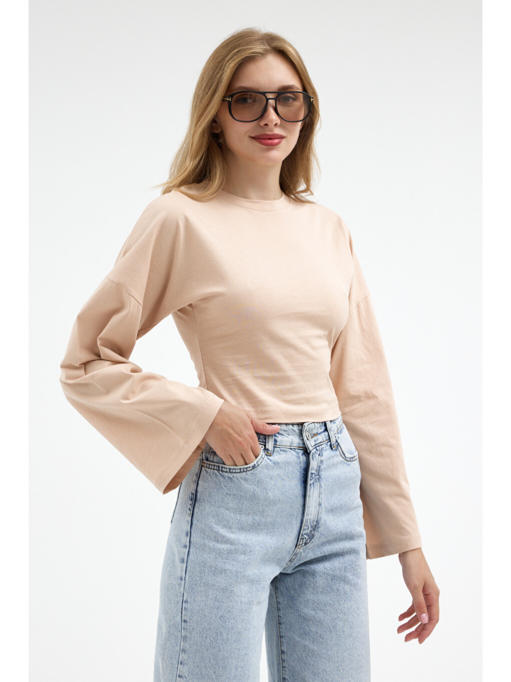 Kadın Basic Geniş Kol Bej Crop Bluz