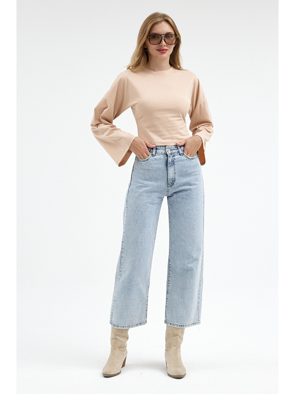 Kadın Basic Geniş Kol Bej Crop Bluz-1