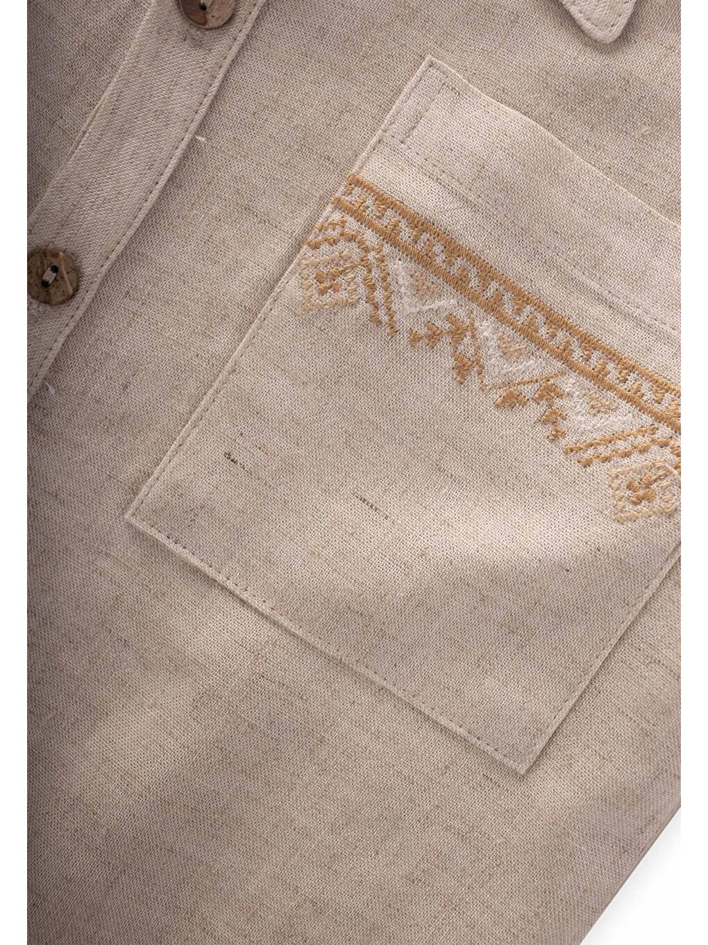 Ekru Cebi Nakışlı Gömlek Pantolon Keten Takım 2-7 Yaş Naturel-3