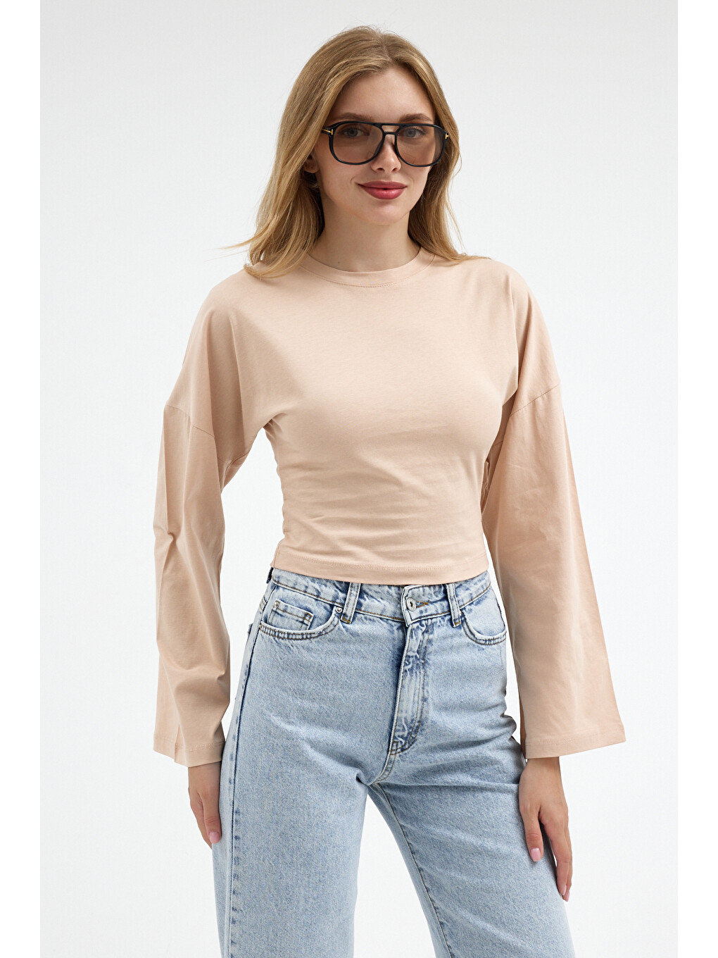 Kadın Basic Geniş Kol Bej Crop Bluz-2