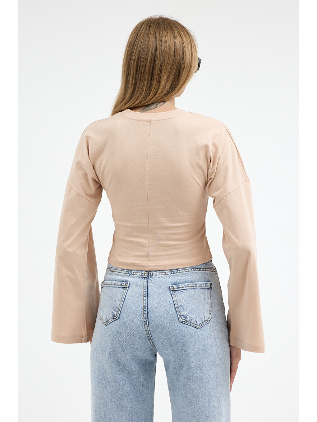 Kadın Basic Geniş Kol Bej Crop Bluz-3