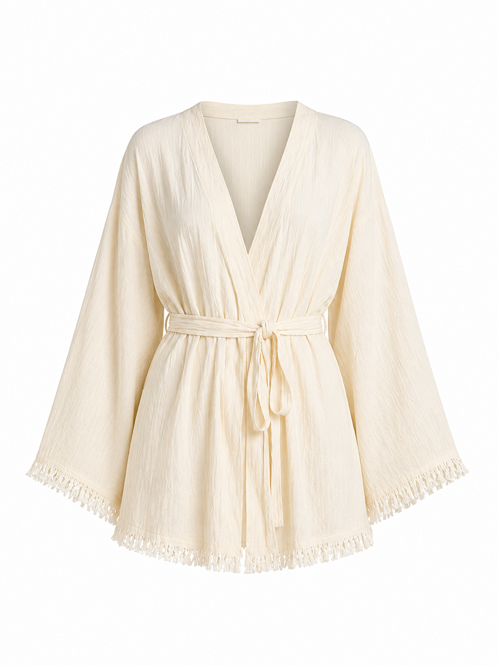 Kadın Ekru Müslin Kimono Bornoz – Kuşaklı, Püskül Detaylı, Oversize Rahat Kesim Plaj & Ev Giyim