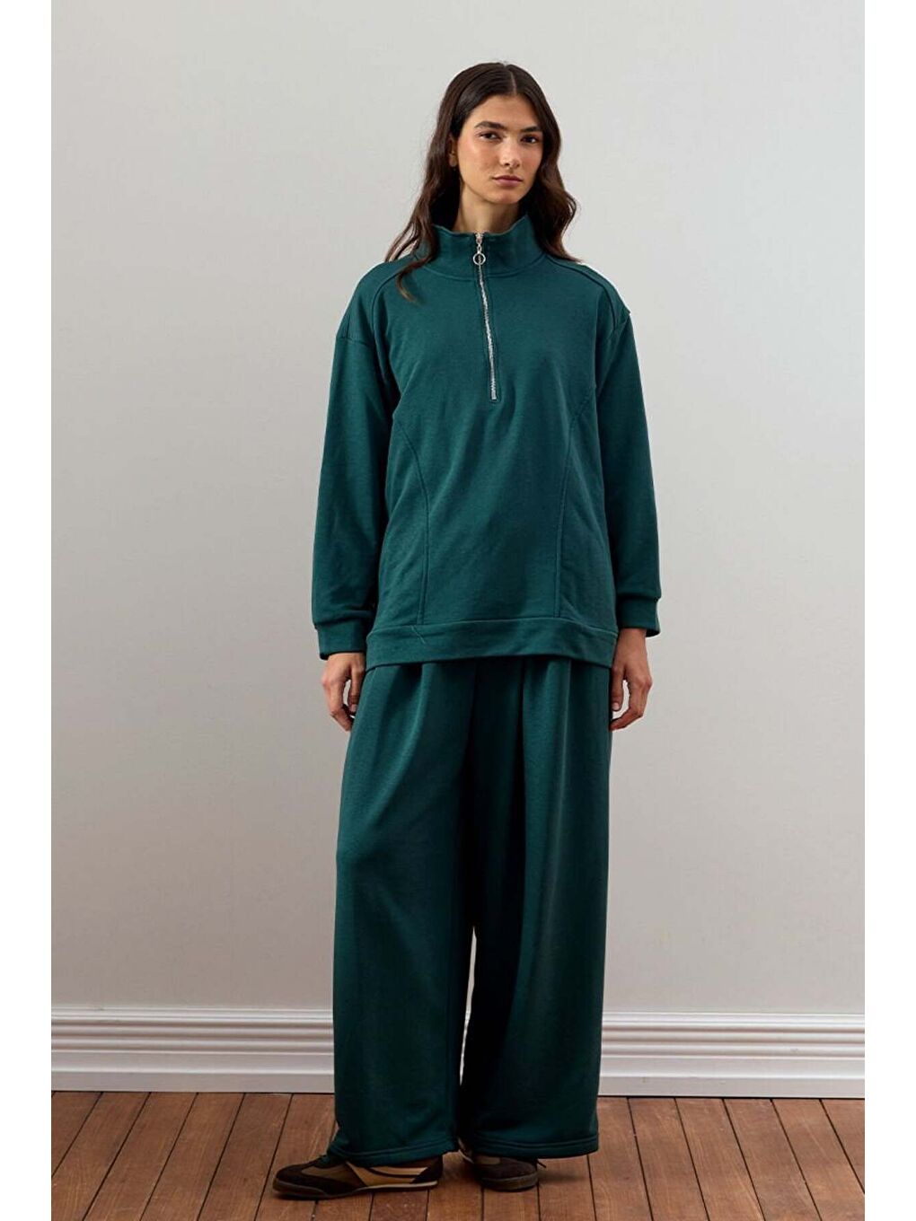 Yeşil Zümrüt 3 İplik Yarım Fermuarlı Eşofman Takım-1