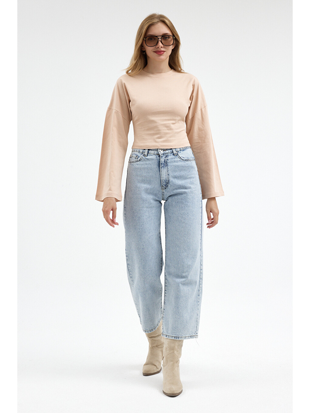 Kadın Basic Geniş Kol Bej Crop Bluz-4