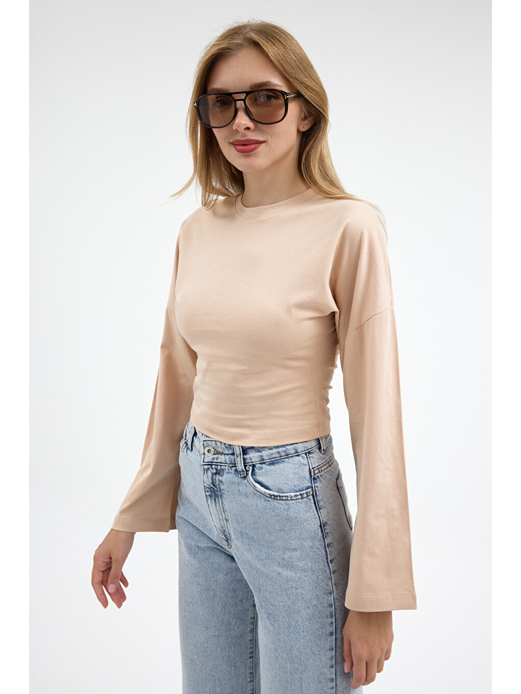 Kadın Basic Geniş Kol Bej Crop Bluz-5
