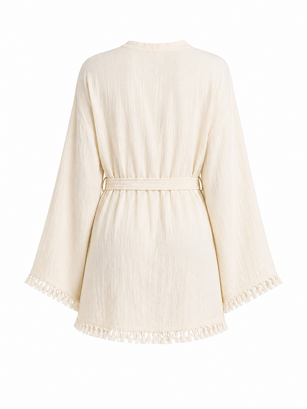 Kadın Ekru Müslin Kimono Bornoz – Kuşaklı, Püskül Detaylı, Oversize Rahat Kesim Plaj & Ev Giyim-1