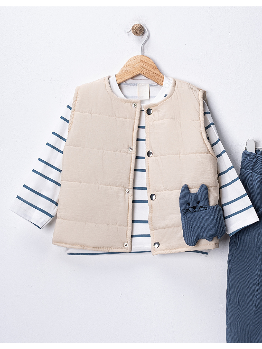 Lacivert Erkek Bebek 3’lü Takım 9-24 Ay Şişme Yelek %100 Pamuk Sweatshirt Kadife Pantolon-3