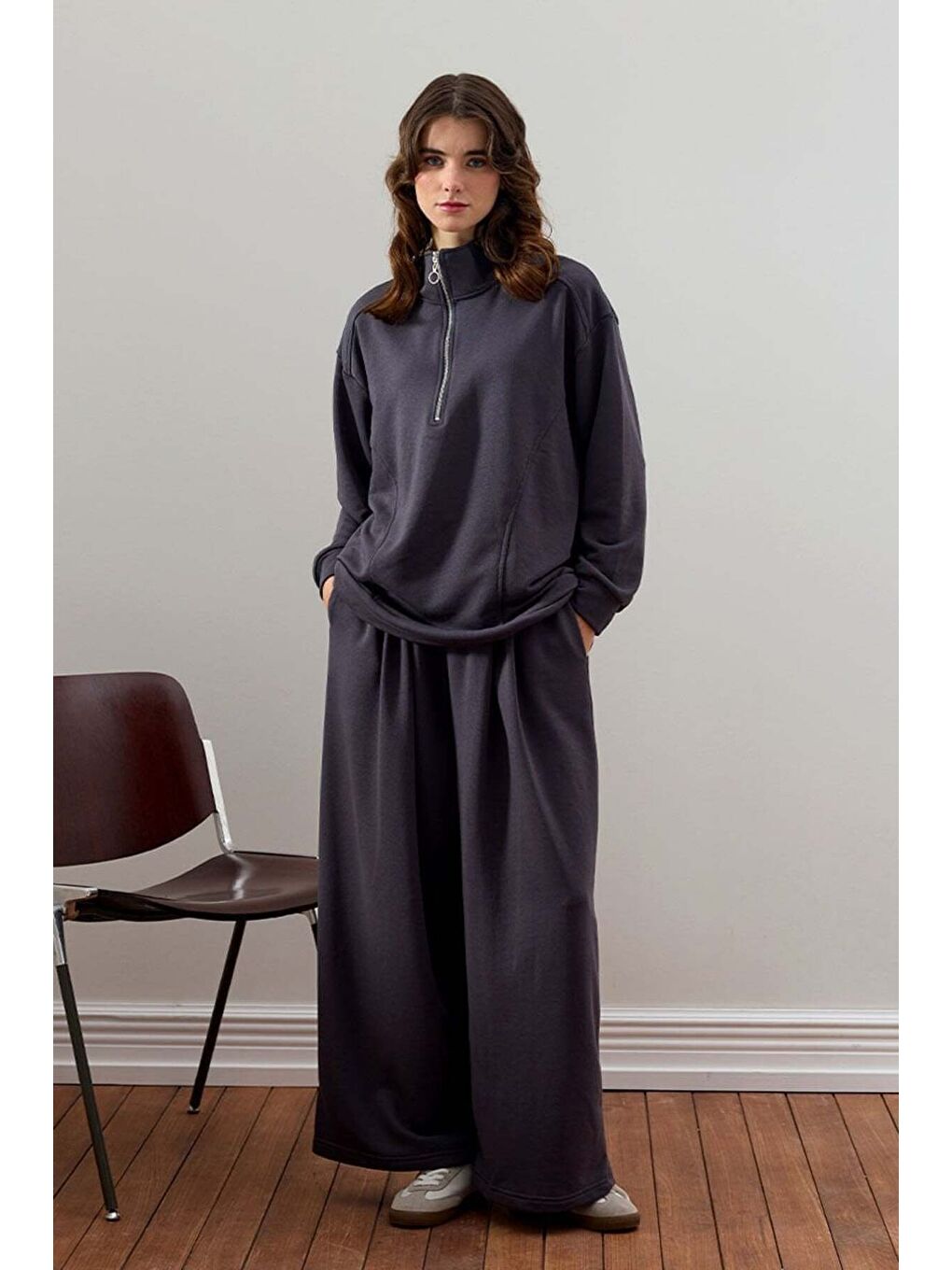 Antrasit 3 İplik Yarım Fermuarlı Eşofman Takım