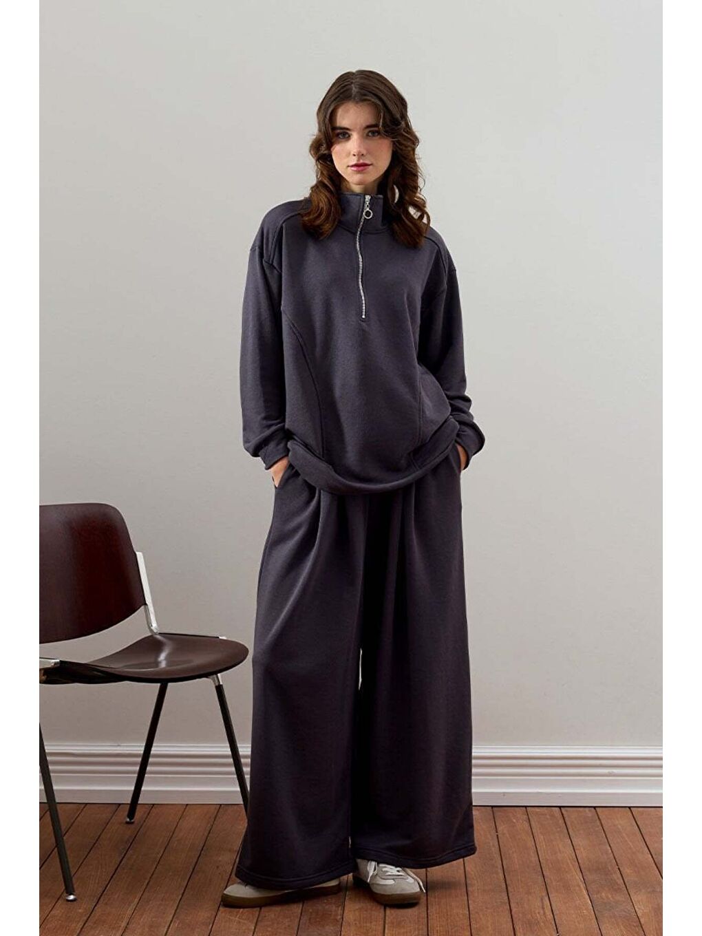 Antrasit 3 İplik Yarım Fermuarlı Eşofman Takım-1