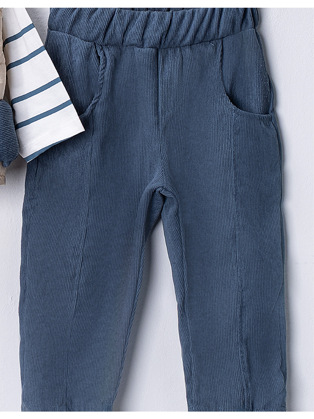 Lacivert Erkek Bebek 3’lü Takım 9-24 Ay Şişme Yelek %100 Pamuk Sweatshirt Kadife Pantolon-4