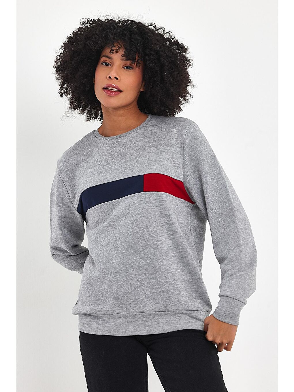 Süperlife Açık Gri Kadın Bisiklet Yaka Rahat Kalıp 3 iplik Kalın Garnili Sweatshirt SPR24SWK35 - 1