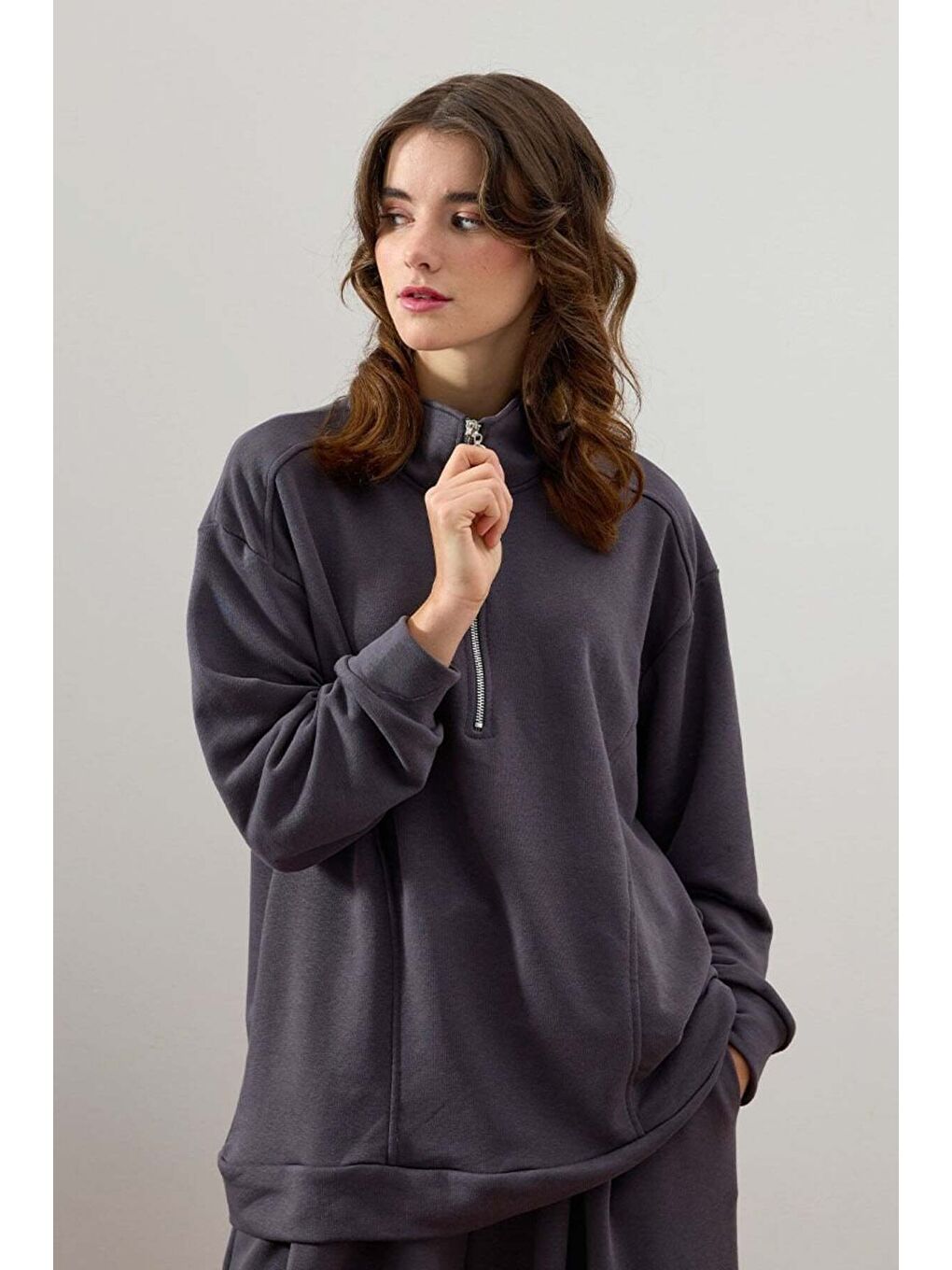 Antrasit 3 İplik Yarım Fermuarlı Eşofman Takım-2