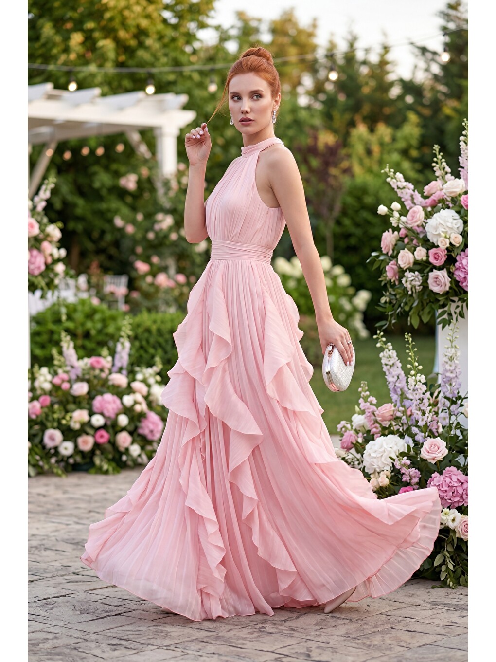 Pembe Kadın Pudra Halter Yaka Fırfırlı Uzun Davet Elbisesi-4