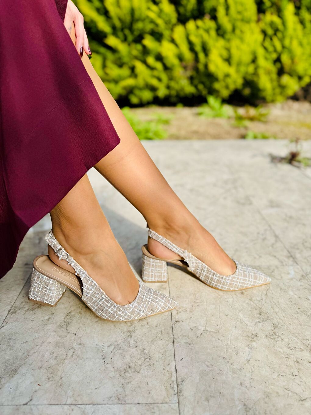 Bej Kadın Vizon Hasır Detaylı Tokalı Topuklu Ayakkabı (Topuk 7 Cm)