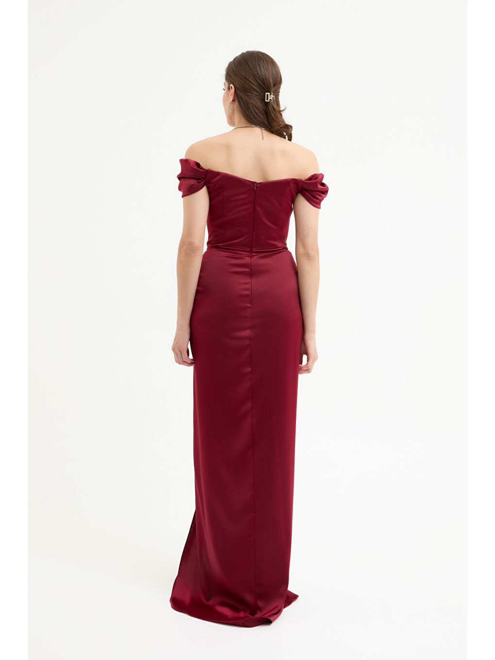 Kadın Bordo Balen Korseli Uzun Saten Abiye Elbise-4