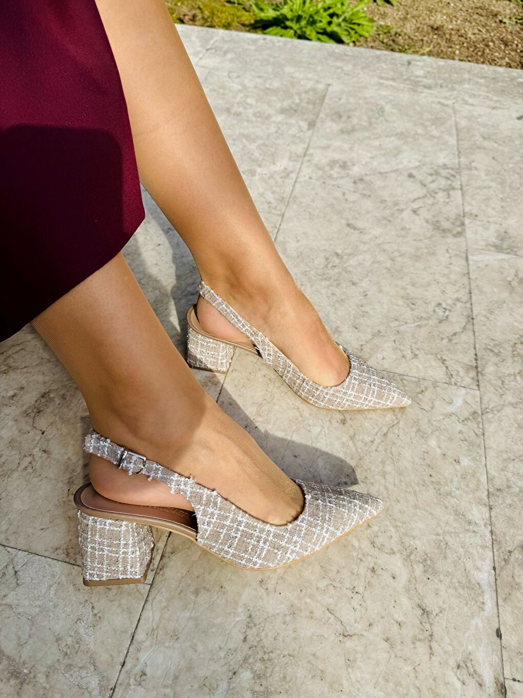 Bej Kadın Vizon Hasır Detaylı Tokalı Topuklu Ayakkabı (Topuk 7 Cm)-2