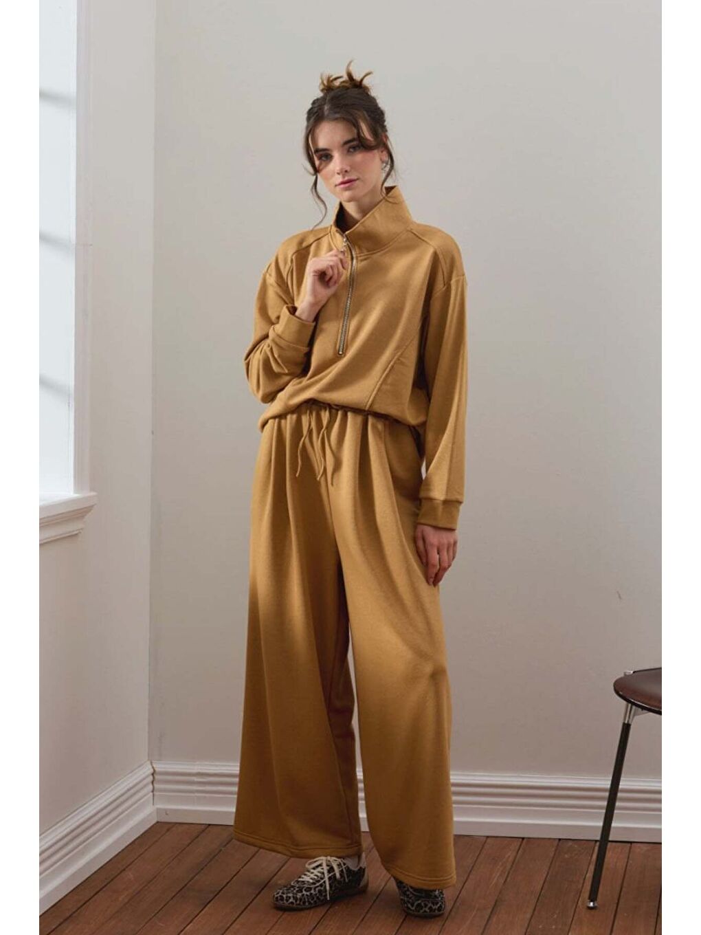 Bej Karamel 3 İplik Yarım Fermuarlı Eşofman Takım