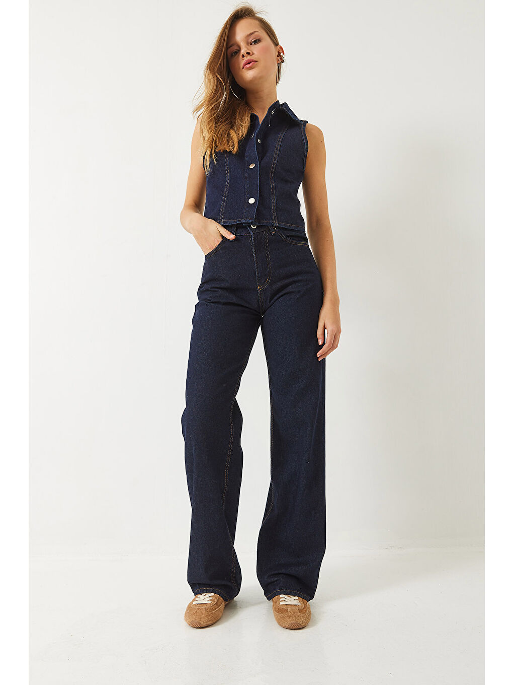 Lacivert Kadın Yüksek Bel Baggy Denim Pantolon-1