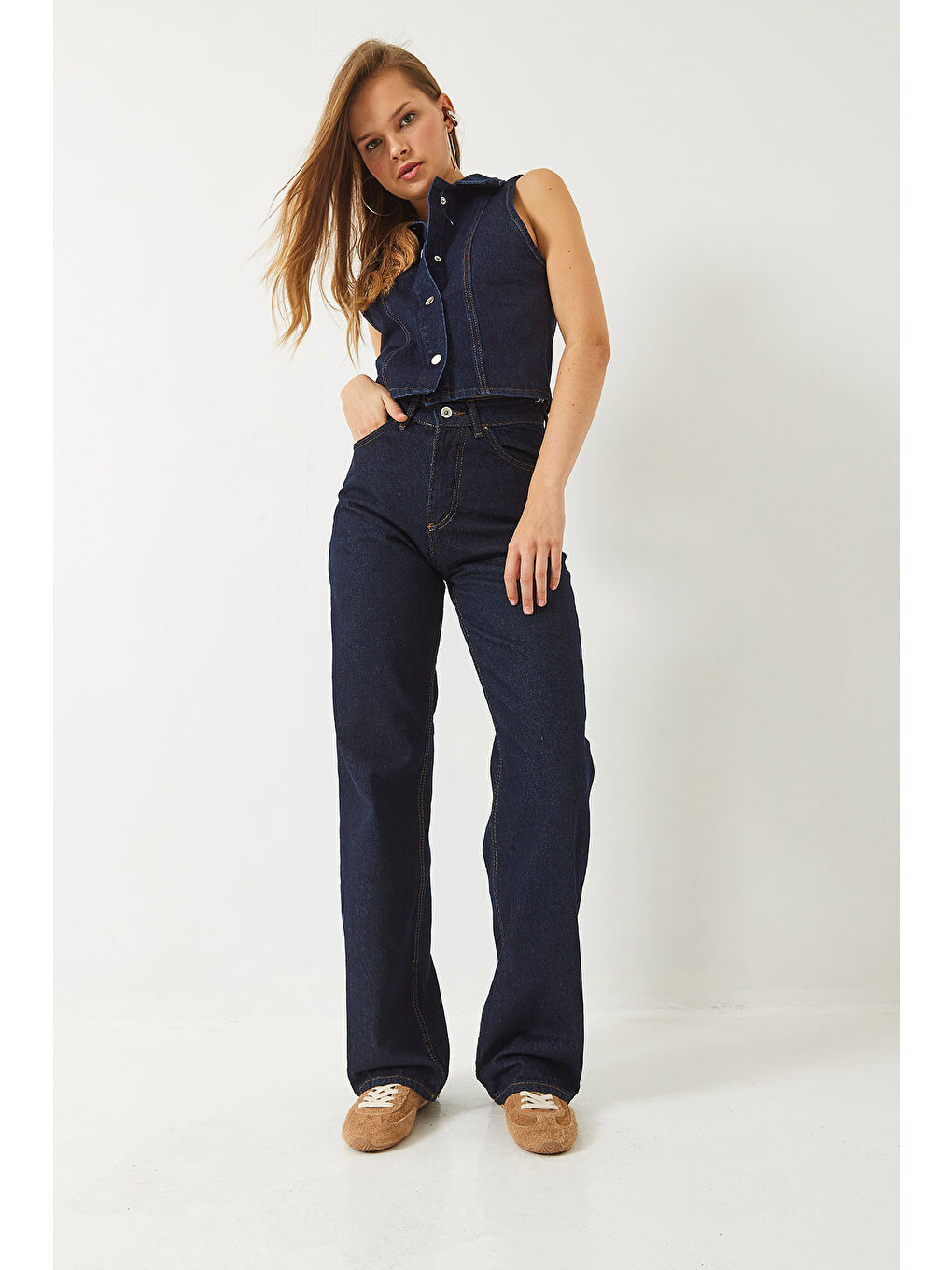 Lacivert Kadın Yüksek Bel Baggy Denim Pantolon-2