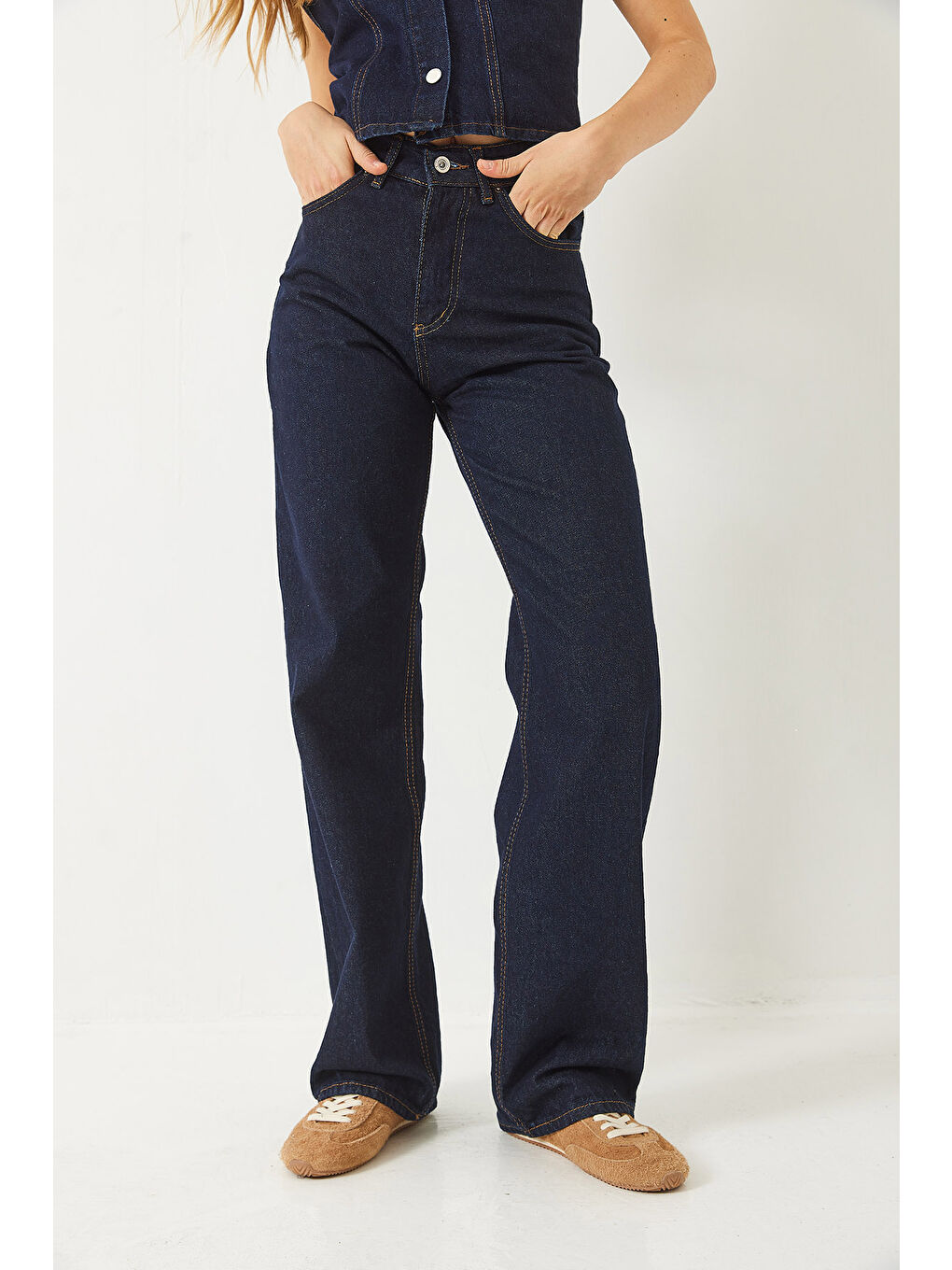 Lacivert Kadın Yüksek Bel Baggy Denim Pantolon-3