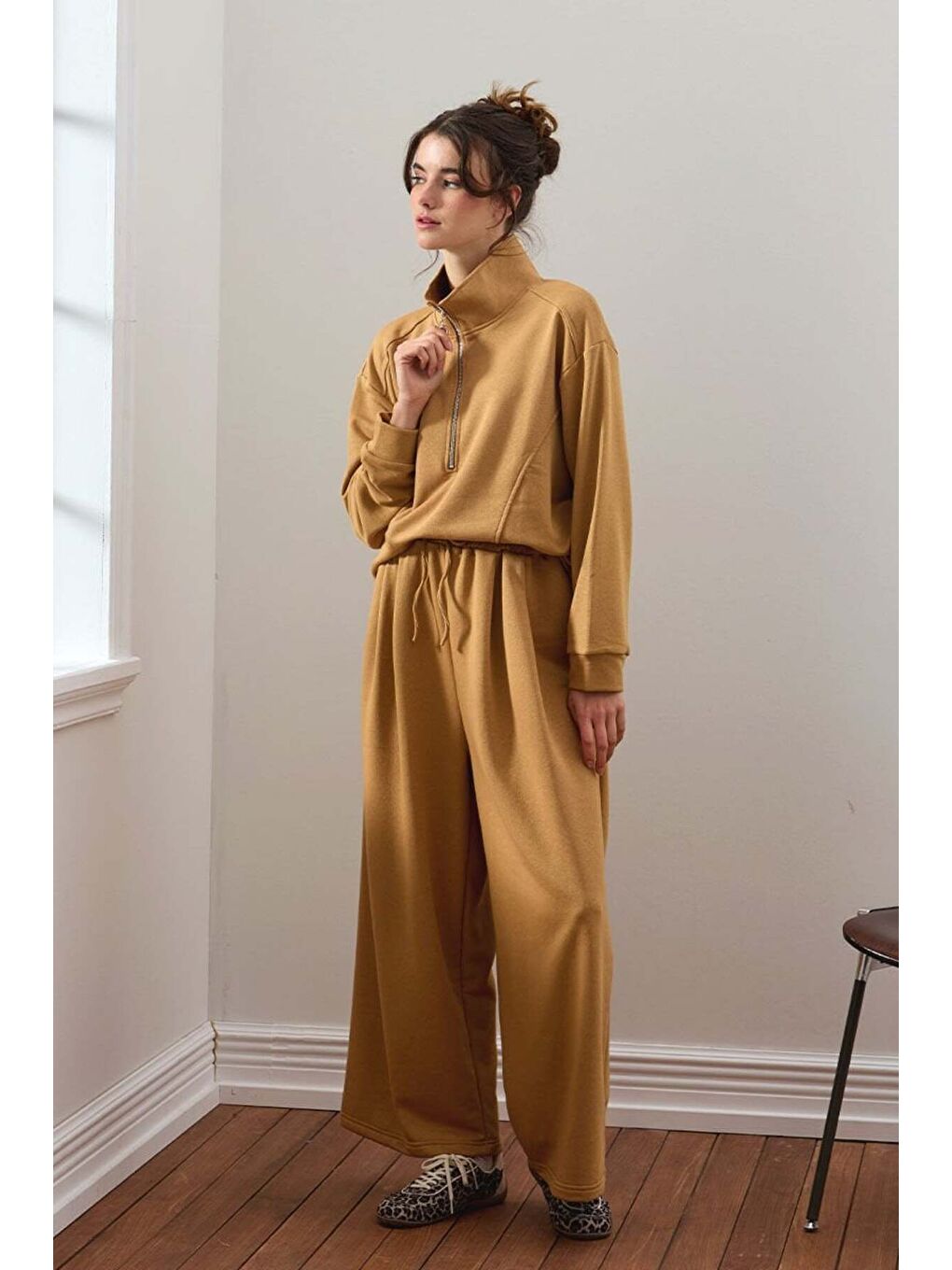 Bej Karamel 3 İplik Yarım Fermuarlı Eşofman Takım-1