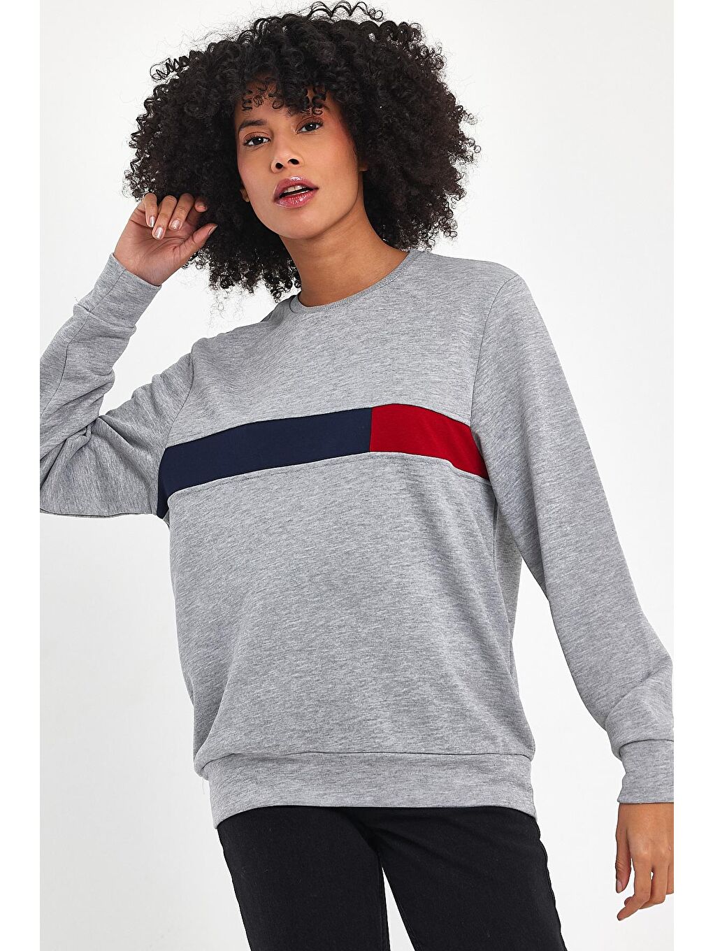 Süperlife Açık Gri Kadın Bisiklet Yaka Rahat Kalıp 3 iplik Kalın Garnili Sweatshirt SPR24SWK35 - 3