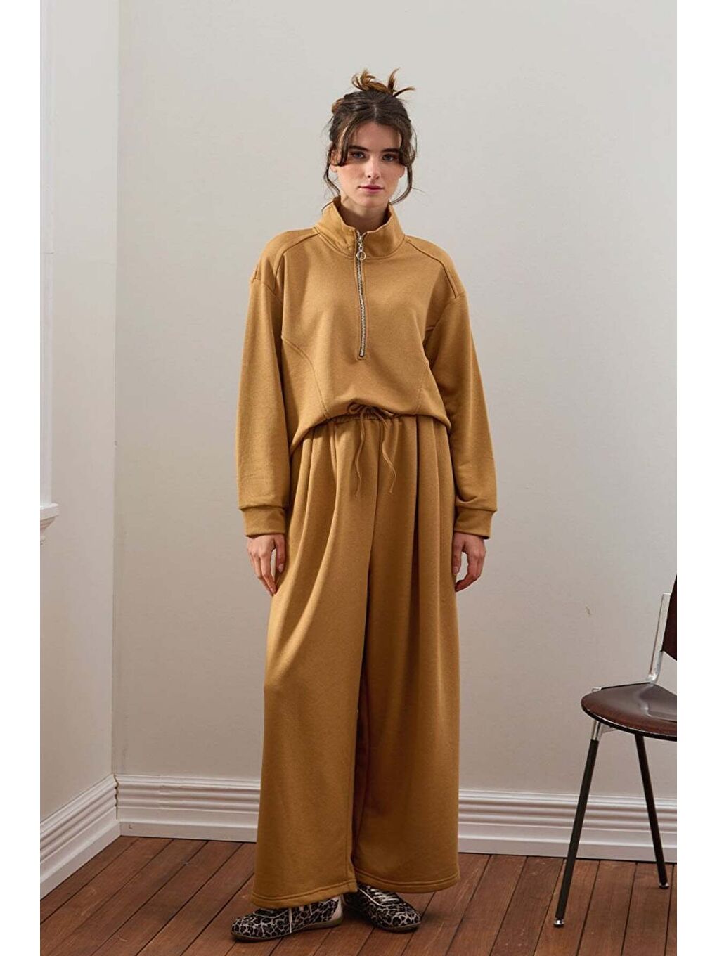 Bej Karamel 3 İplik Yarım Fermuarlı Eşofman Takım-2