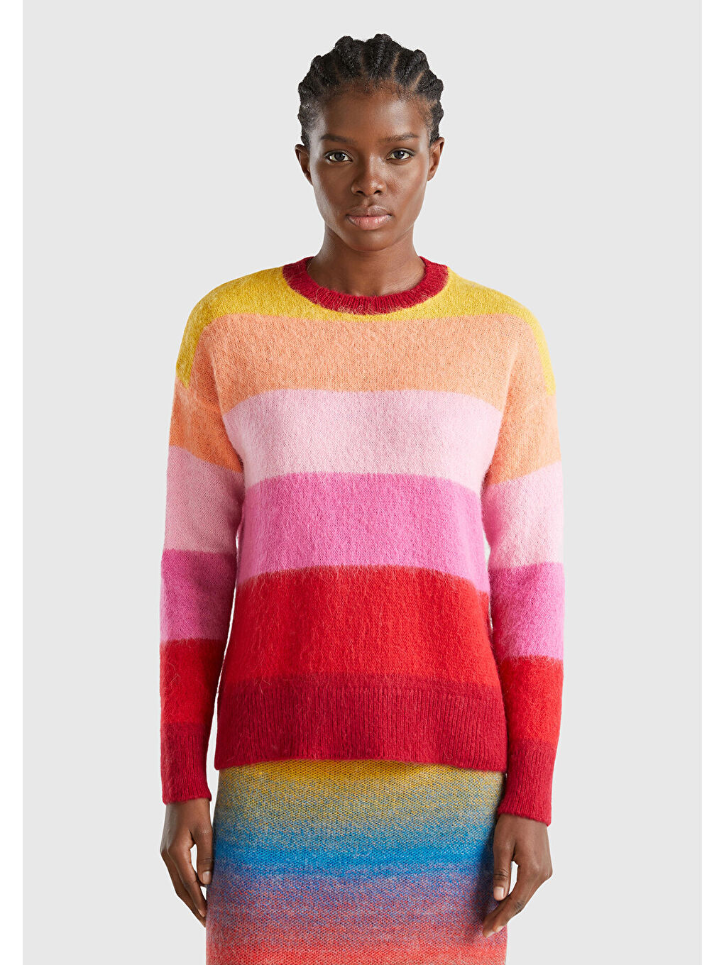 Kadın Pembe Alpaka Karışımlı Kalın Renk Bloklu Yuvarlak Yaka Kazak-1