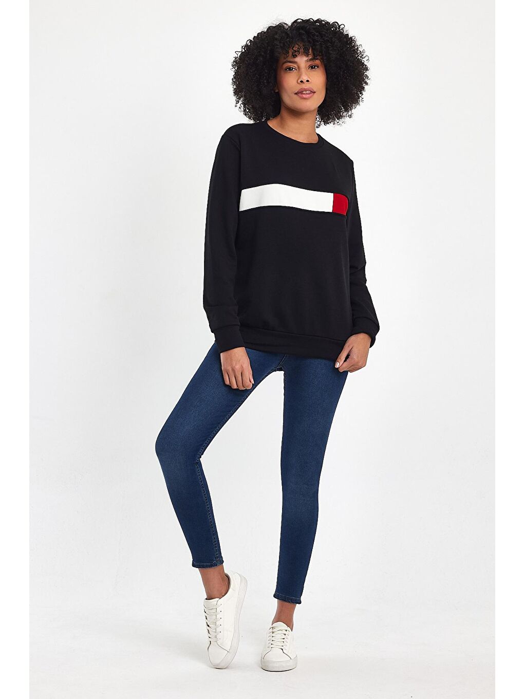 Süperlife Siyah Kadın Bisiklet Yaka Rahat Kalıp 3 iplik Kalın Garnili Sweatshirt SPR24SWK35