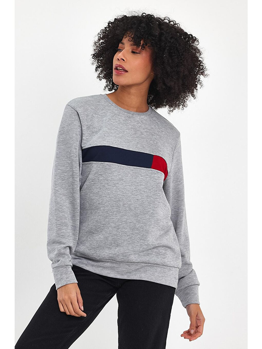 Süperlife Açık Gri Kadın Bisiklet Yaka Rahat Kalıp 3 iplik Kalın Garnili Sweatshirt SPR24SWK35 - 4