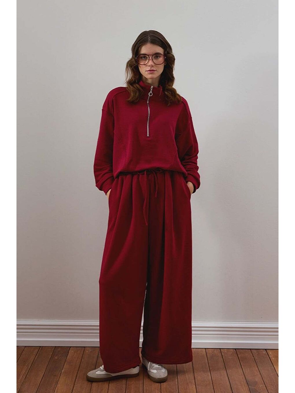 Bordo 3 İplik Yarım Fermuarlı Eşofman Takım