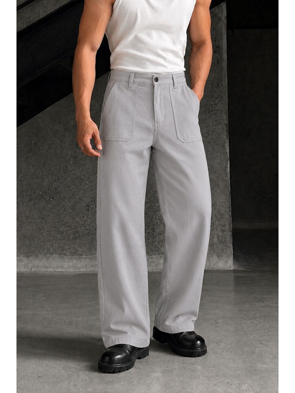 Gri Erkek Baggy Fit Old Money Cep Detaylı Pantolon