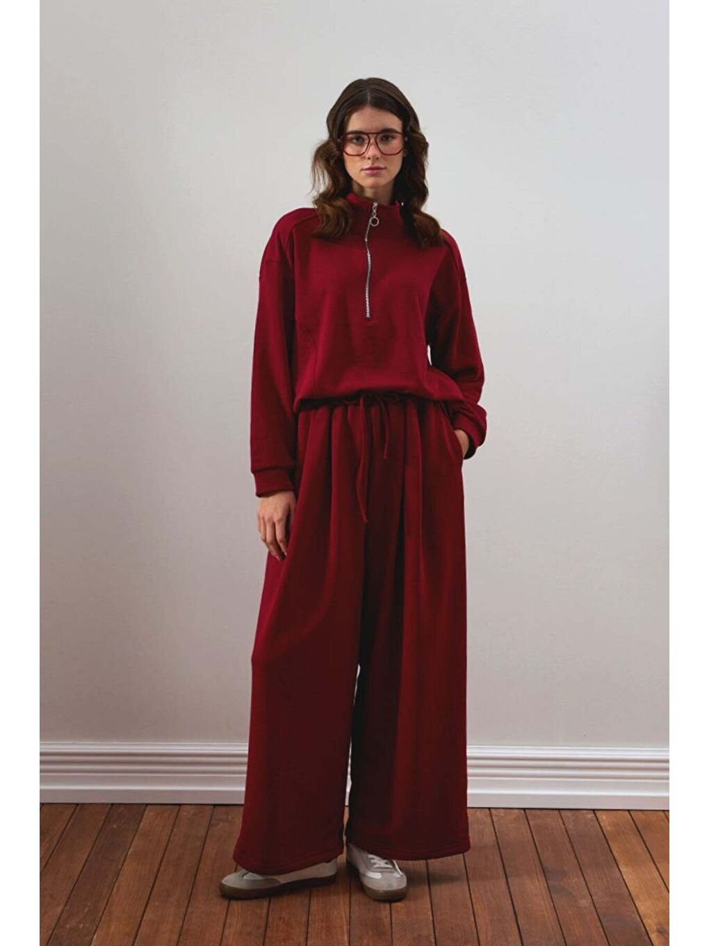 Bordo 3 İplik Yarım Fermuarlı Eşofman Takım-1