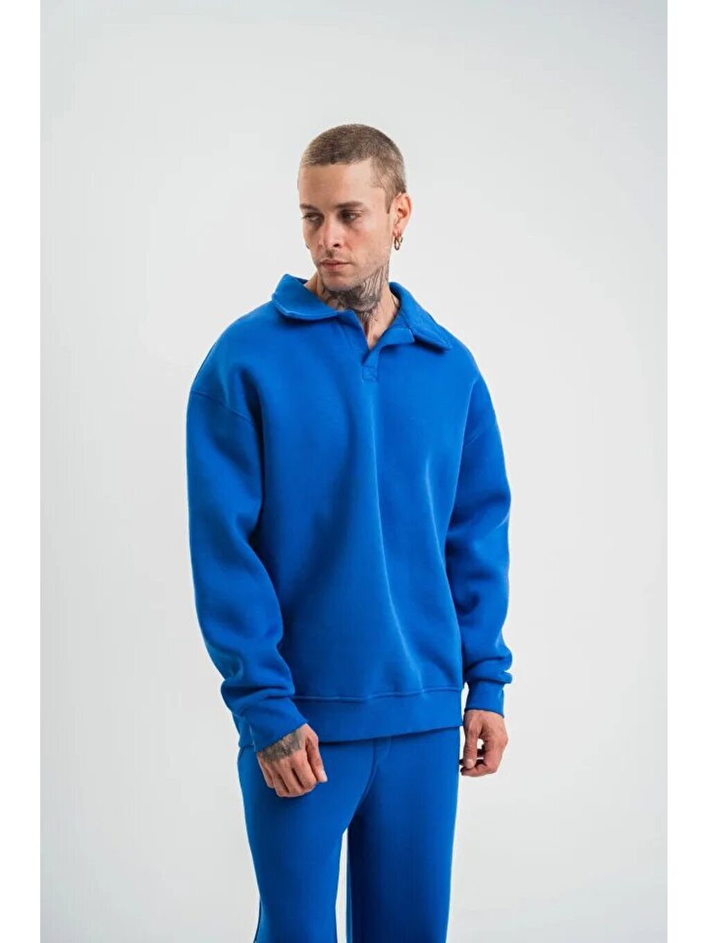 Erkek Patlı Yaka Üç İplik Pamuklu Sweatshirt Double Oversize Rahat Kalıp Günlük Kullanım - Mavi