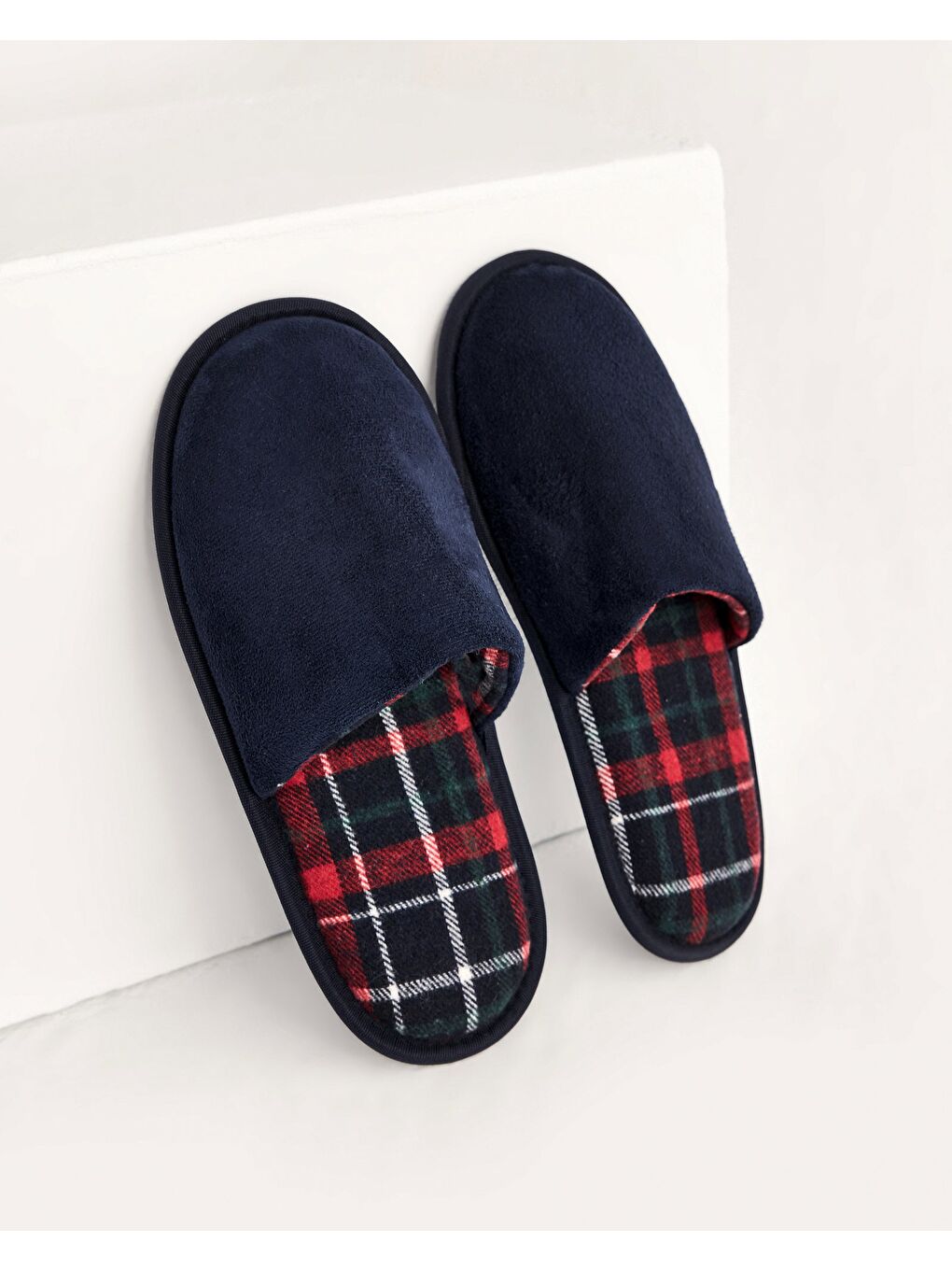Erkek Lacivert Süet Ekose Desenli Kışlık Ev Terliği- Luke-E-1