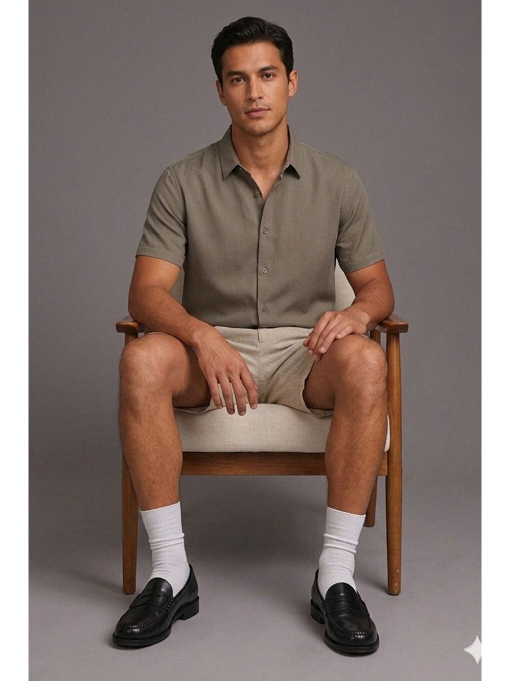 Bej Erkek %100 Pamuk Linen Şort Rahat Kesim Yazlık Şort-1