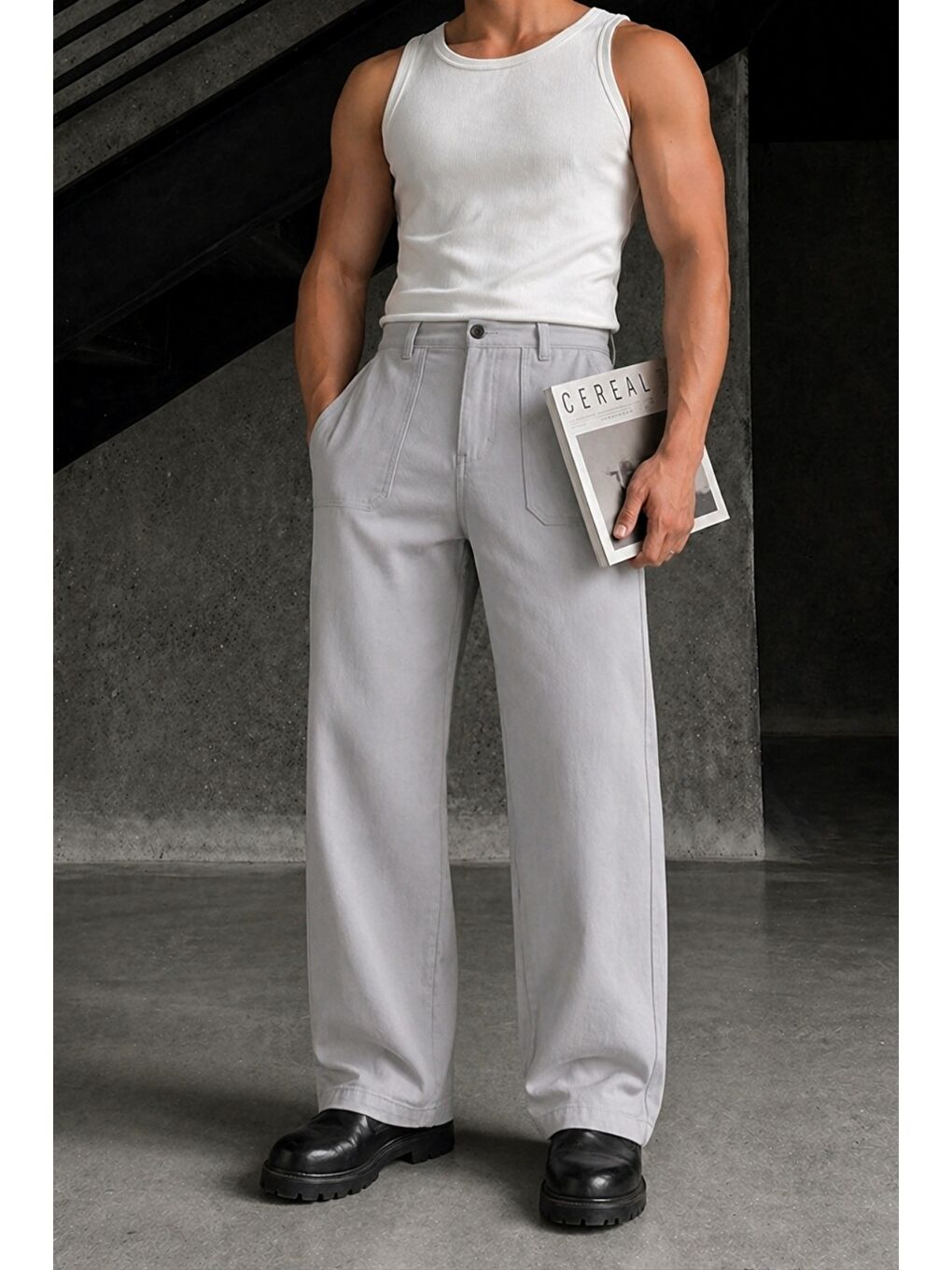 Gri Erkek Baggy Fit Old Money Cep Detaylı Pantolon-1