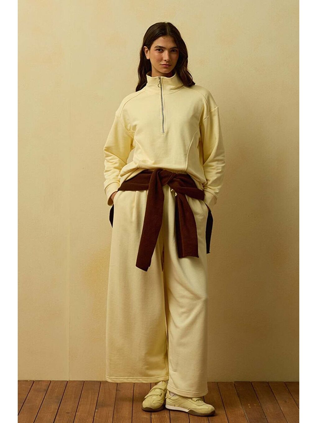 Tereyağ Sarısı 3 İplik Yarım Fermuarlı Eşofman Takım