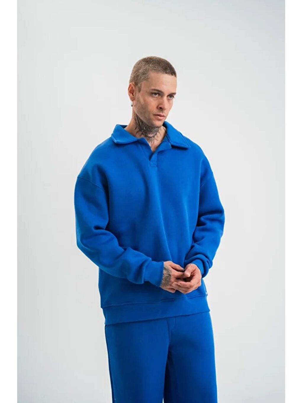 Erkek Patlı Yaka Üç İplik Pamuklu Sweatshirt Double Oversize Rahat Kalıp Günlük Kullanım - Mavi-1