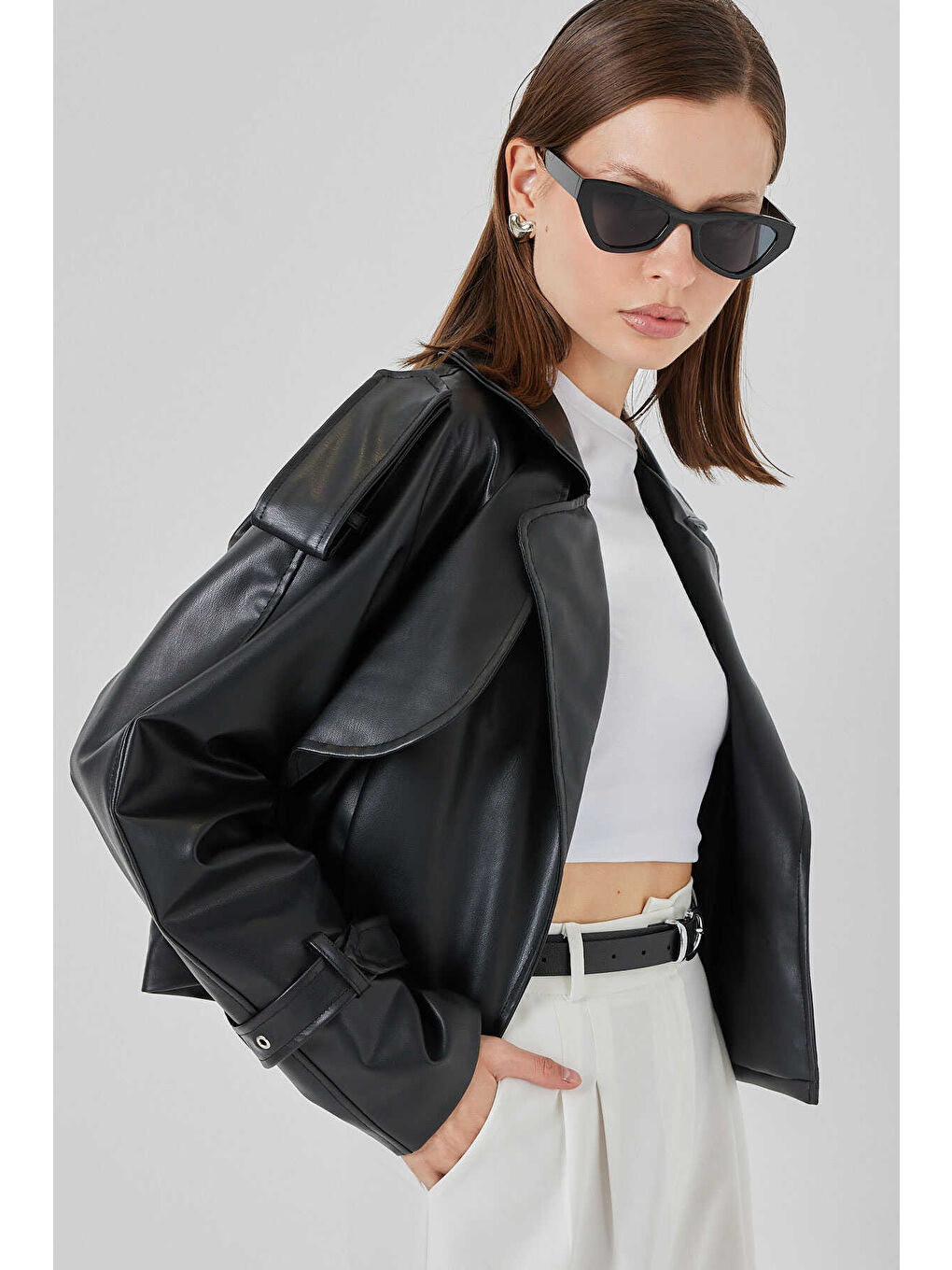 Siyah Kadın Oversize Deri Mont 1047-2