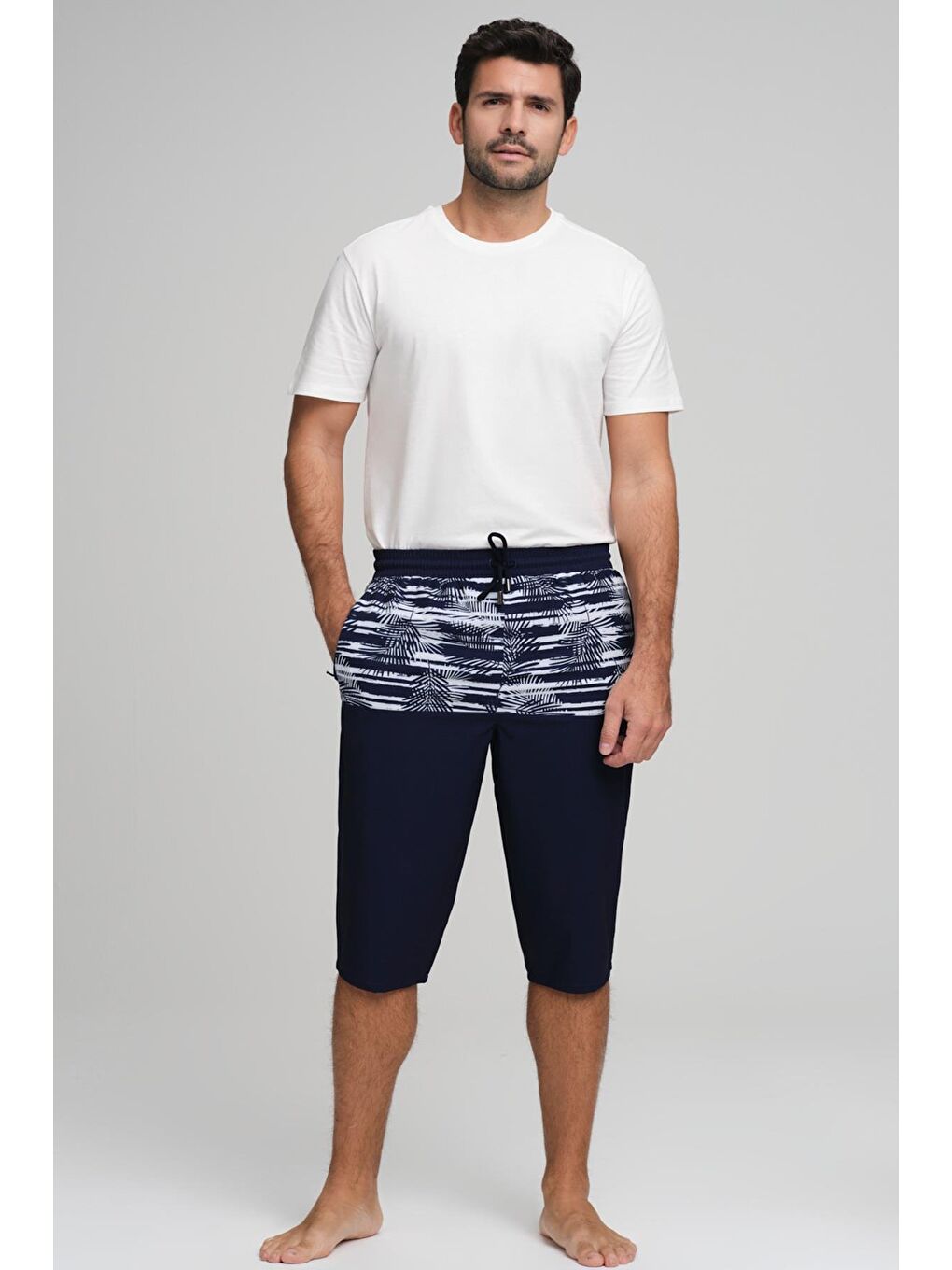 Palmiye Desenli Lacivert Erkek Uzun Havuz Ve Deniz Şortu 2982
