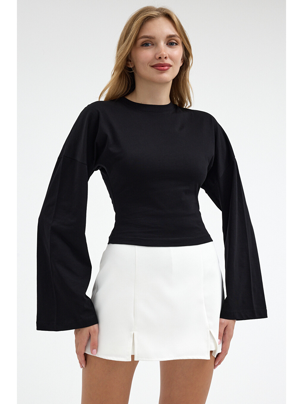Kadın Basic Geniş Kol Siyah Crop Bluz