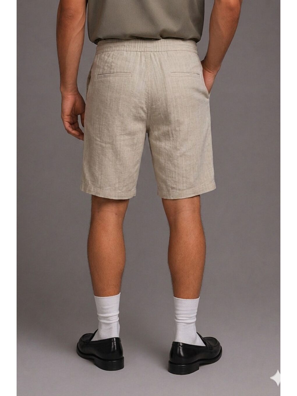 Bej Erkek %100 Pamuk Linen Şort Rahat Kesim Yazlık Şort-2