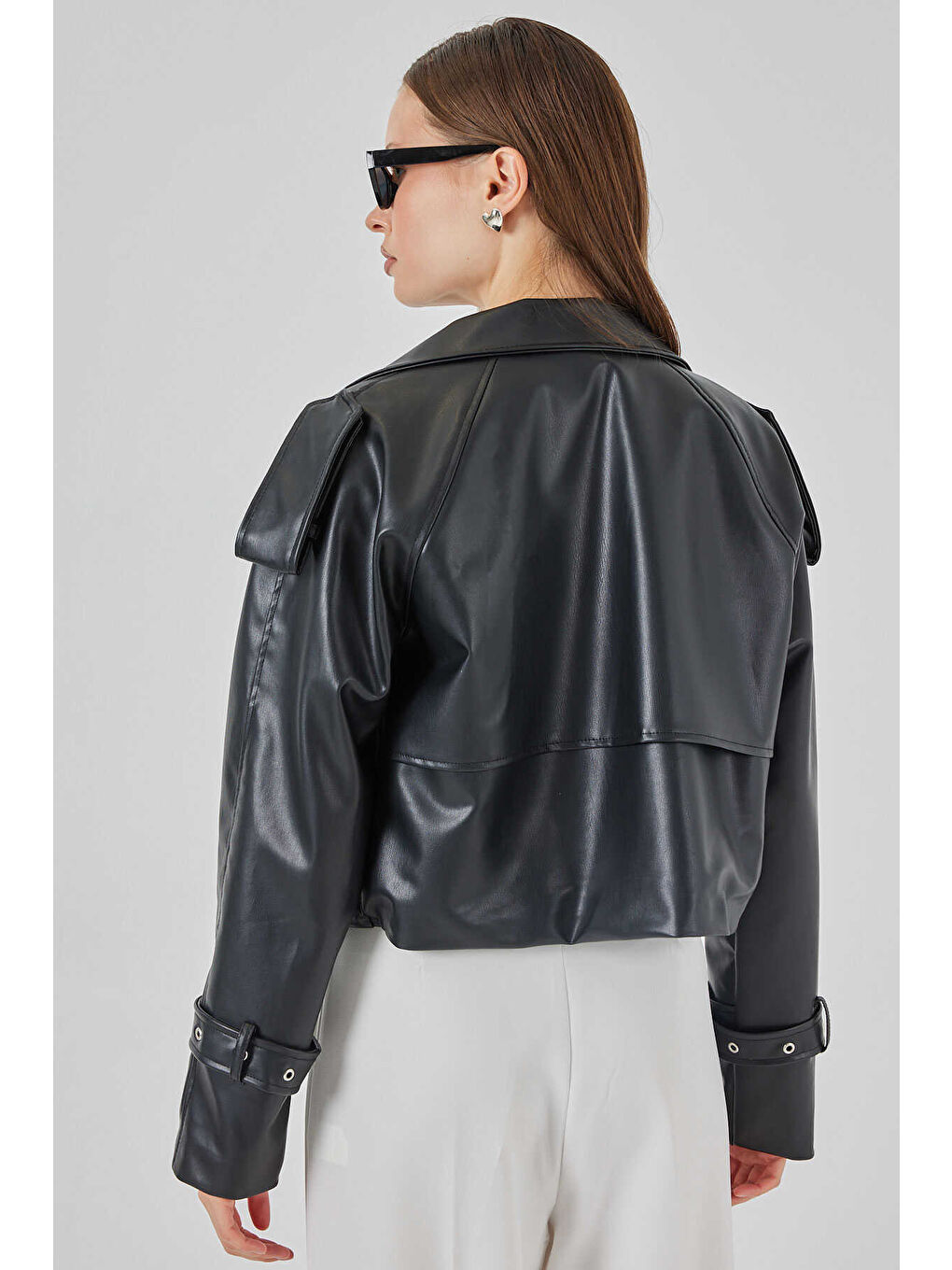 Siyah Kadın Oversize Deri Mont 1047-4