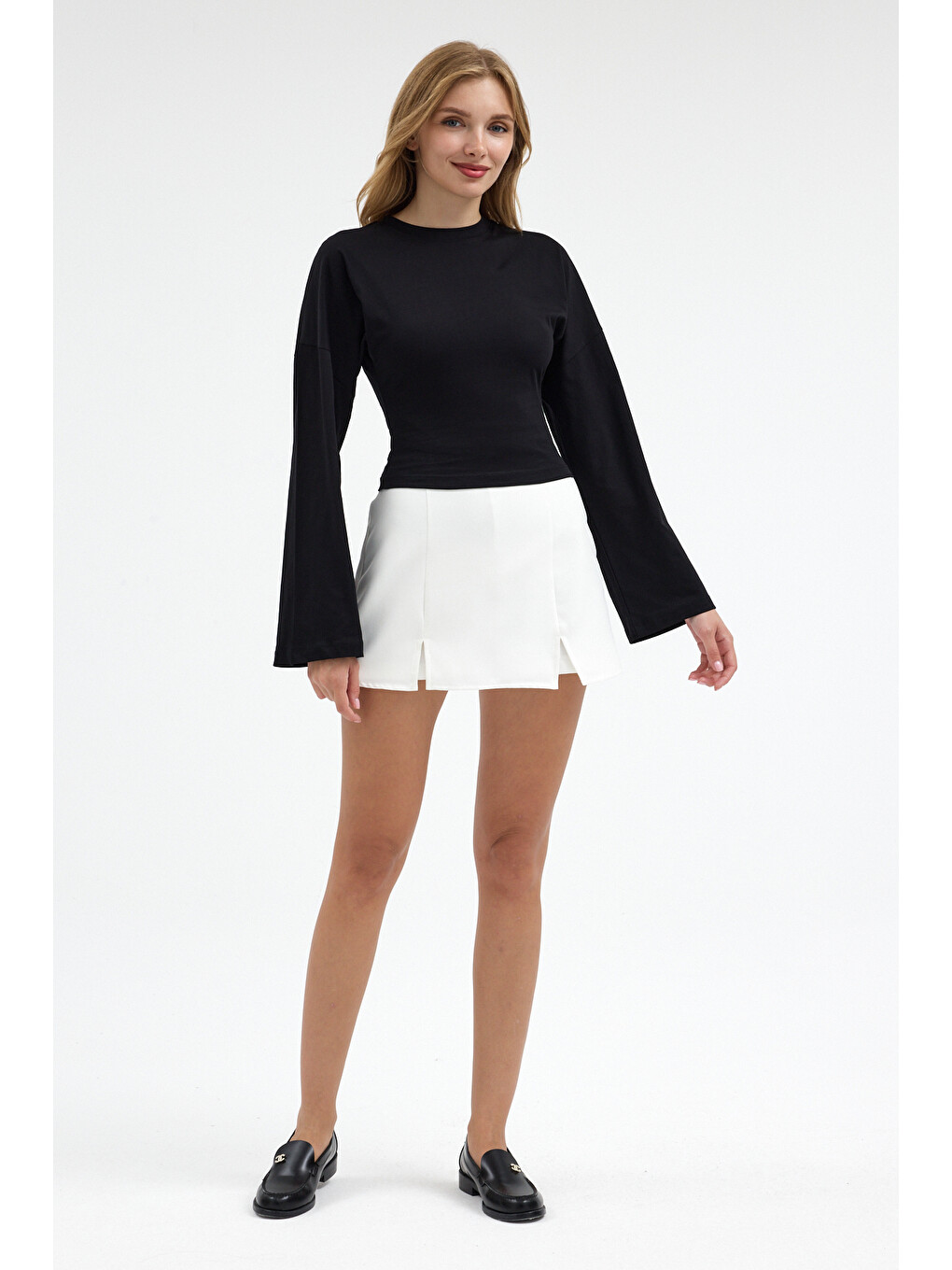 Kadın Basic Geniş Kol Siyah Crop Bluz-1