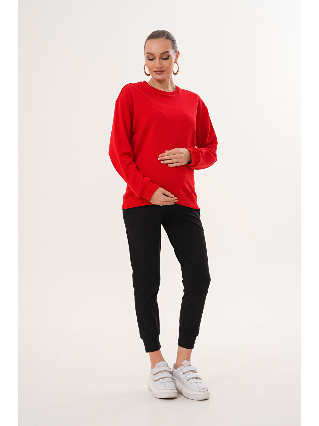 Kırmızı Bisiklet Yaka %100 Pamuk Hamile ve Lohusa Basic Sweatshirt